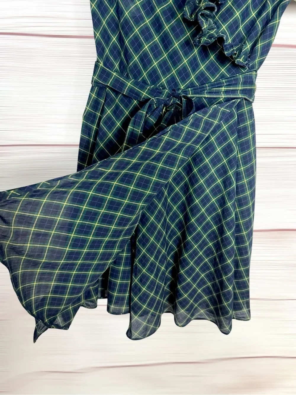 Ralph Lauren Blue Label Plaid Ruffled Cotton Wrap Dress Green Blue Girls size 8
